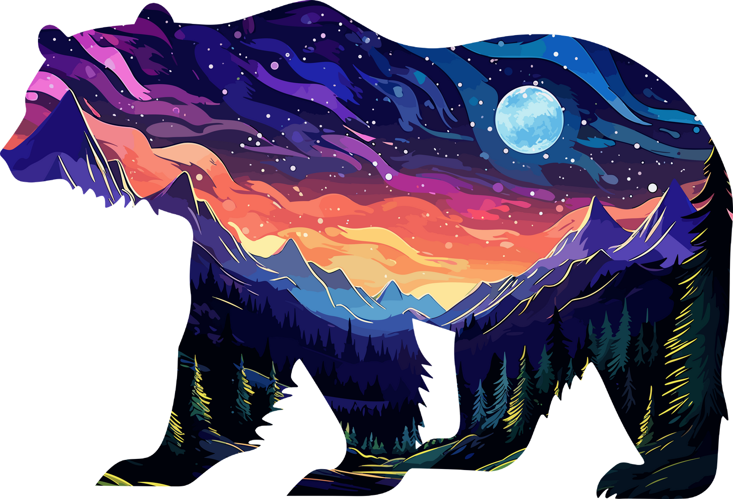 A silhouette in the shape of a bear with a landscape within its boarders are mountains and a moon.