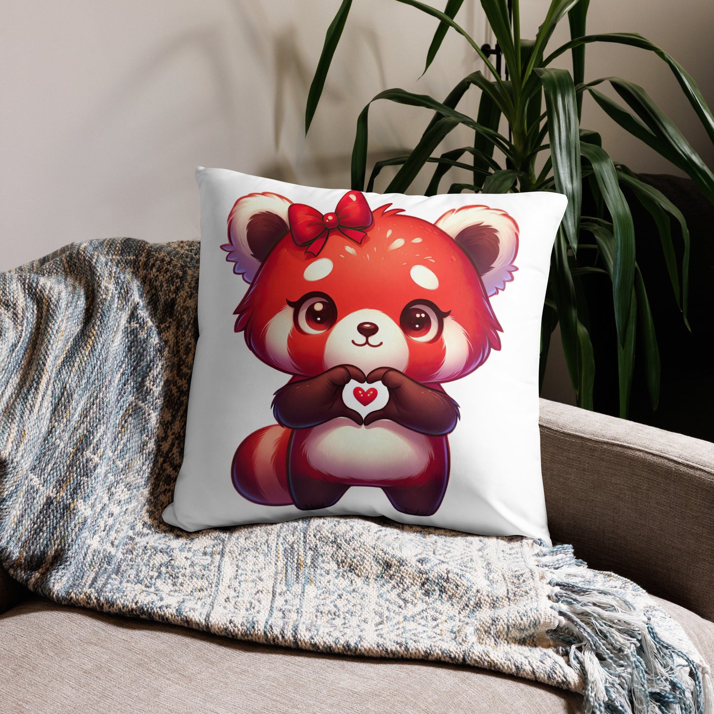 Red Panda with "Heart Hands" Basic Pillow, Kawaii, Swifties Sign,