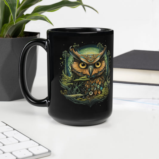 Owl "Forest Green" Black Glossy Mug