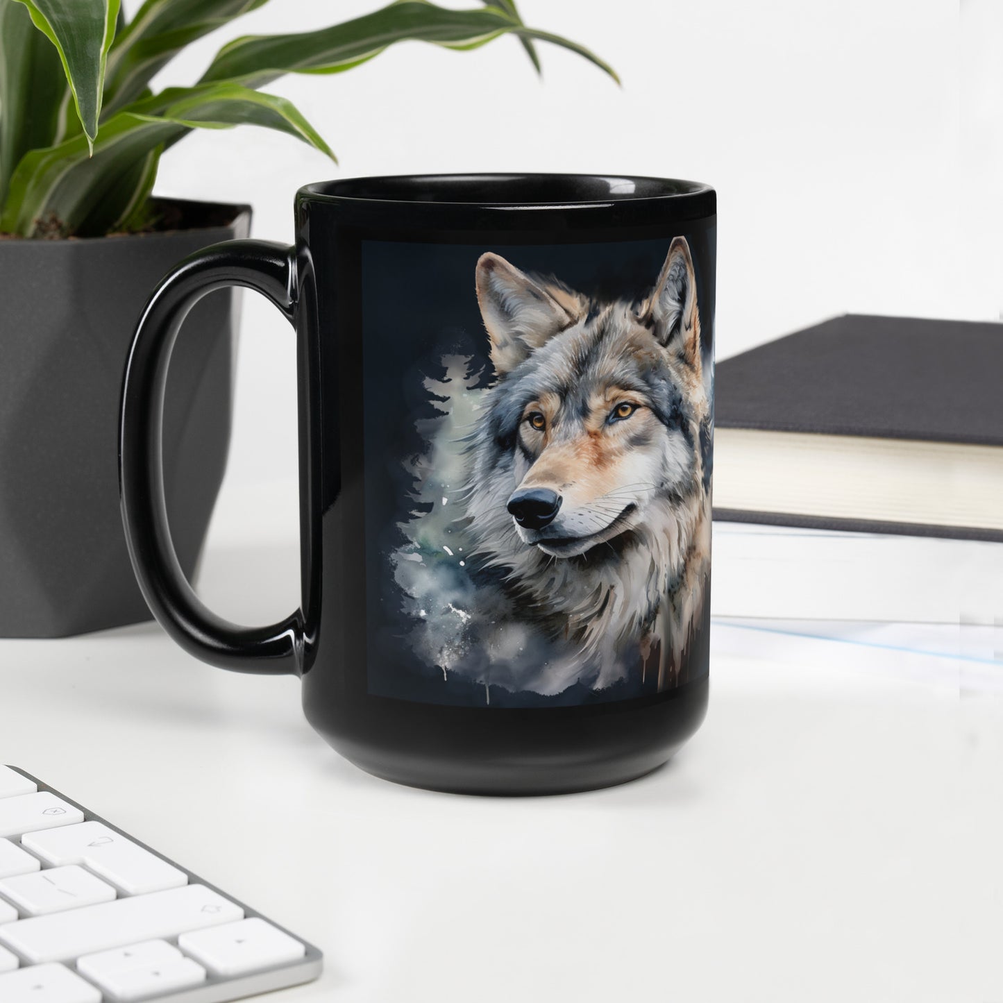 Black Glossy Mug Watercolor Wolf 03