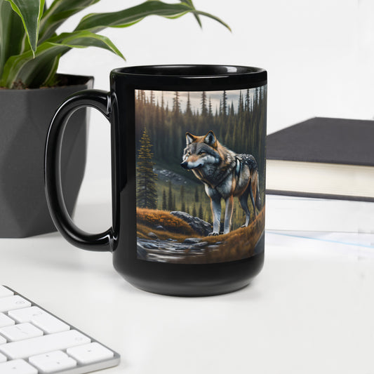 Wilderness Wolf Black Glossy Mug