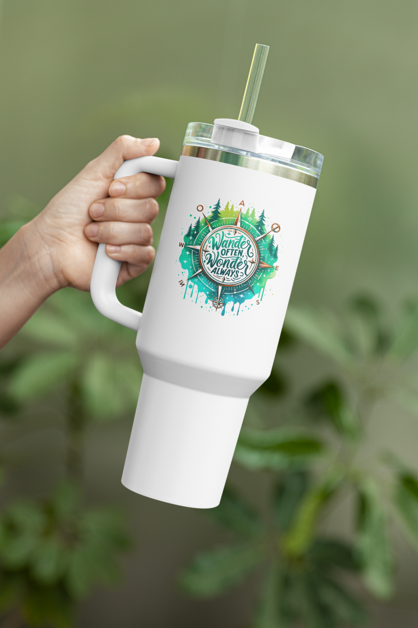 Travel mug with a handle "Wander Often, Wonder Always"