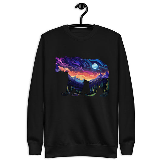 A Black Long sleeve shirt with a silhouette of a bear with a landscape done in vibrant colors