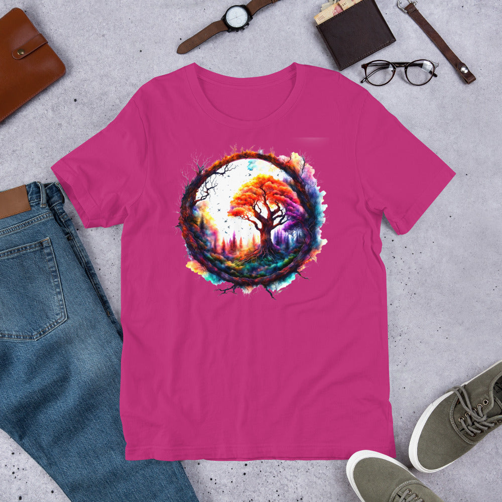 A raspberry (dark pink) Bella Canvas T-shirt with a circle image of a beautiful tree in colors of orange, green and lavender.