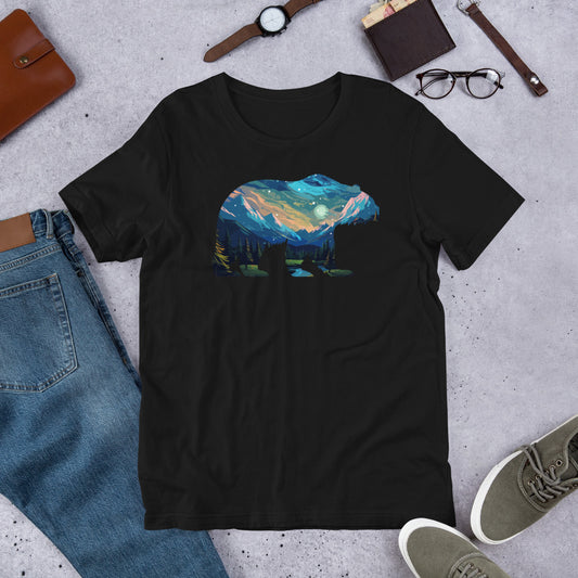 A black Long sleeve shirt with a silhouette of a bear with a landscape done in blue colors