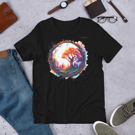 A black Bella Canvas T-shirt with a circle image of a beautiful tree in colors of orange, green and lavender.