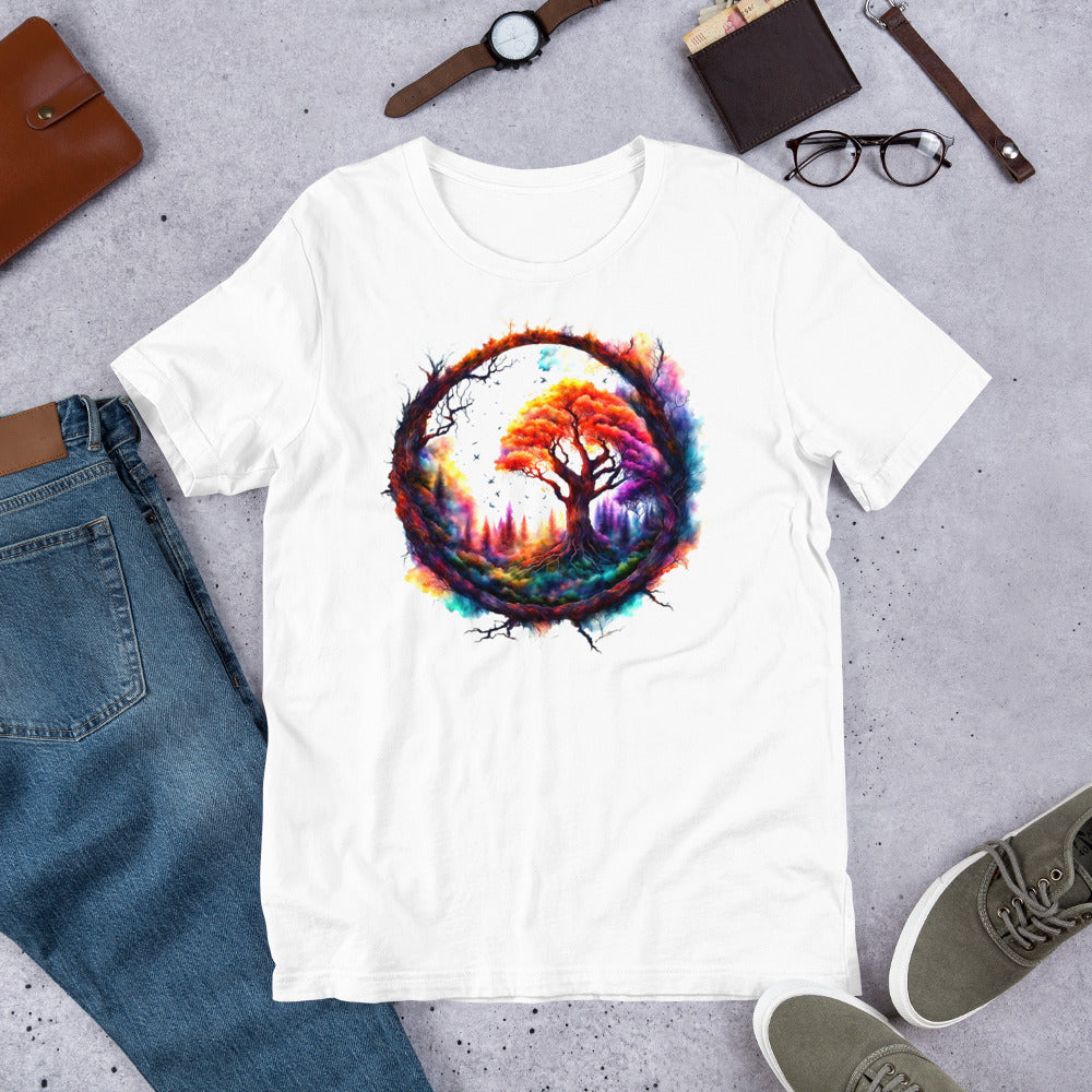 A white Bella Canvas T-shirt with a circle image of a beautiful tree in colors of orange, green and lavender.