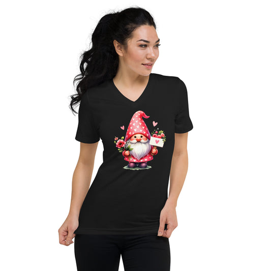 Gnome Love #5 Heart Sign & Flowers Unisex Short Sleeve V-Neck T-Shirt