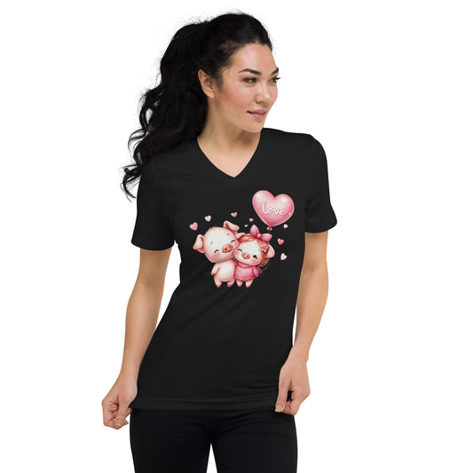 Kawaii Animals Pig Love - Unisex Short Sleeve V-Neck T-Shirt