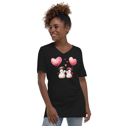 Kawaii Animals Penguin Love - Unisex Short Sleeve V-Neck T-Shirt