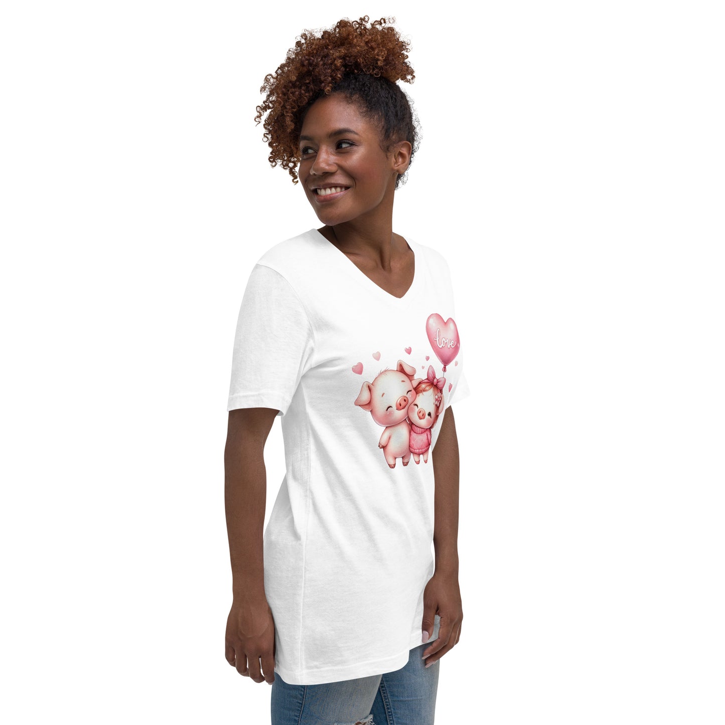 Kawaii Animals Pig Love - Unisex Short Sleeve V-Neck T-Shirt