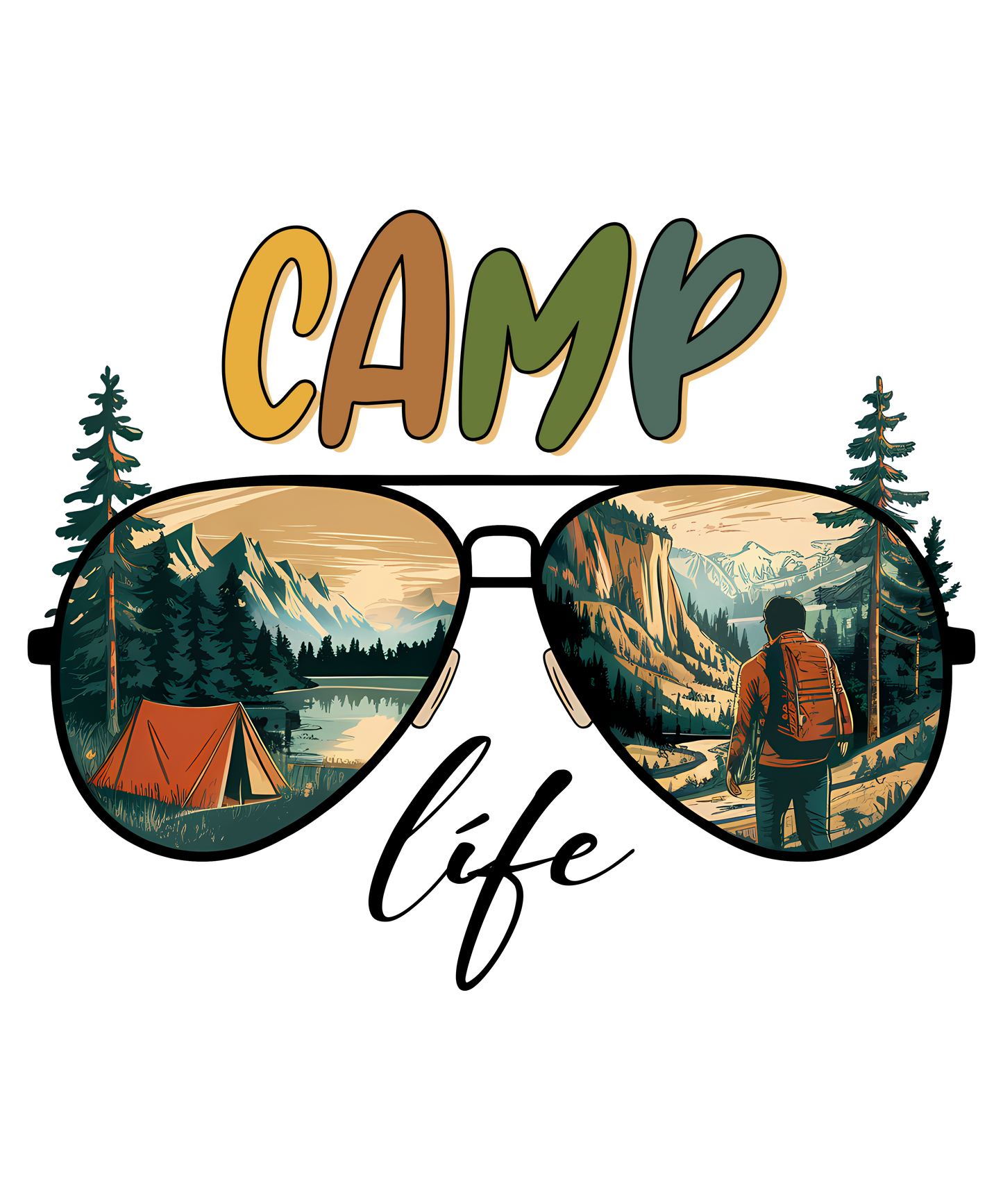 Sunglasses with camping scene design and 'Camp Life' text on a white background