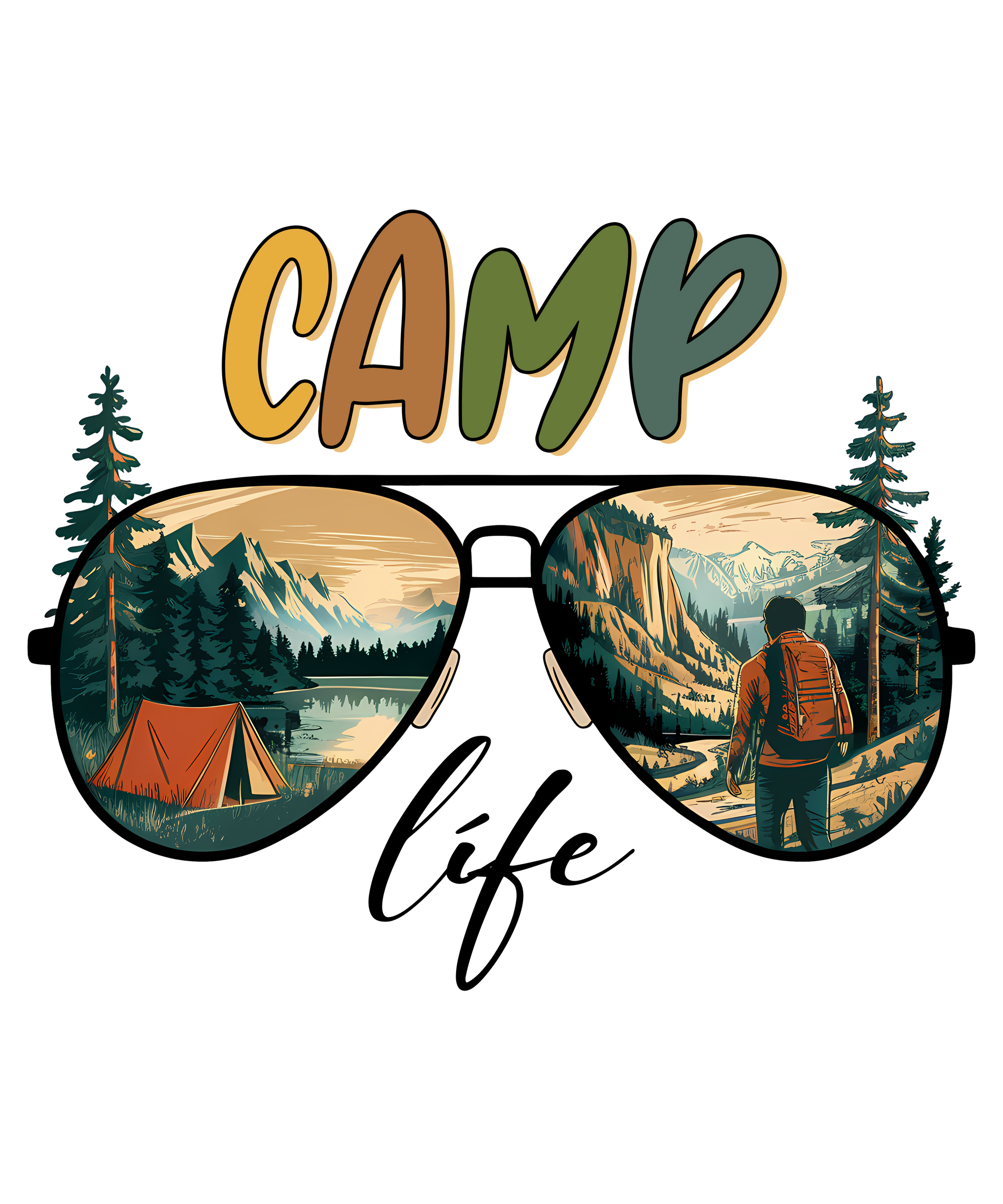 Sunglasses with camping scene design and 'Camp Life' text on a white background
