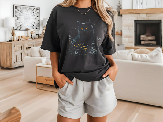 Unisex t-shirt "Black Cat with Wildflowers"