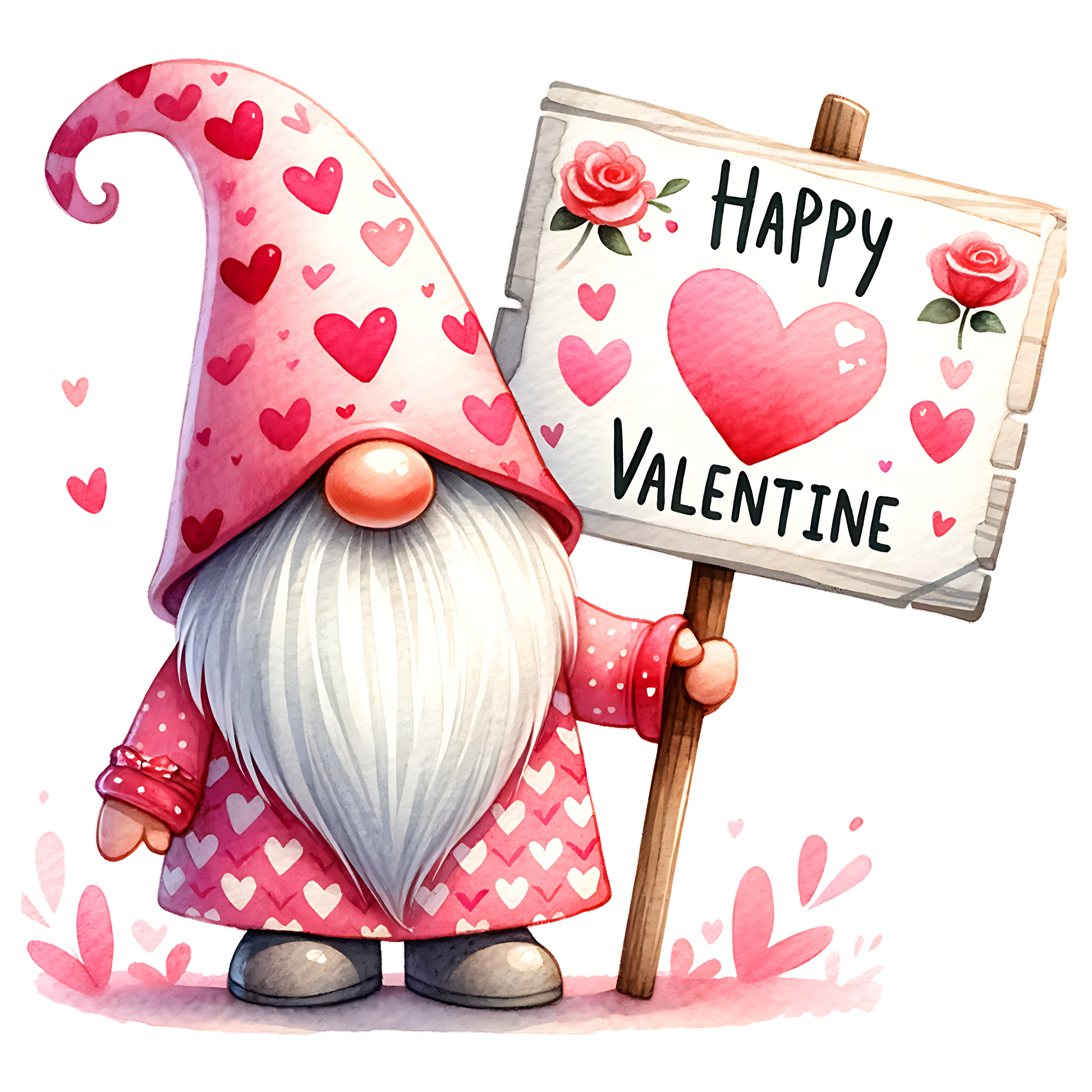 A Pink Gnome holding a Happy Valentine Sign