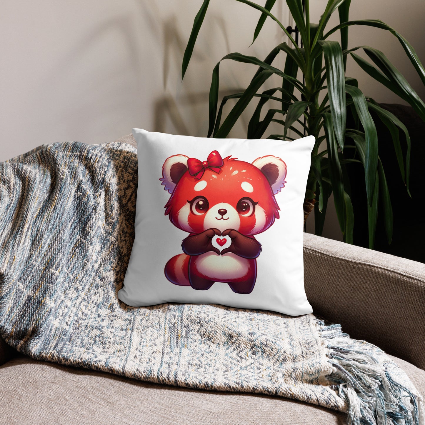 Red Panda with "Heart Hands" Basic Pillow, Kawaii, Swifties Sign,