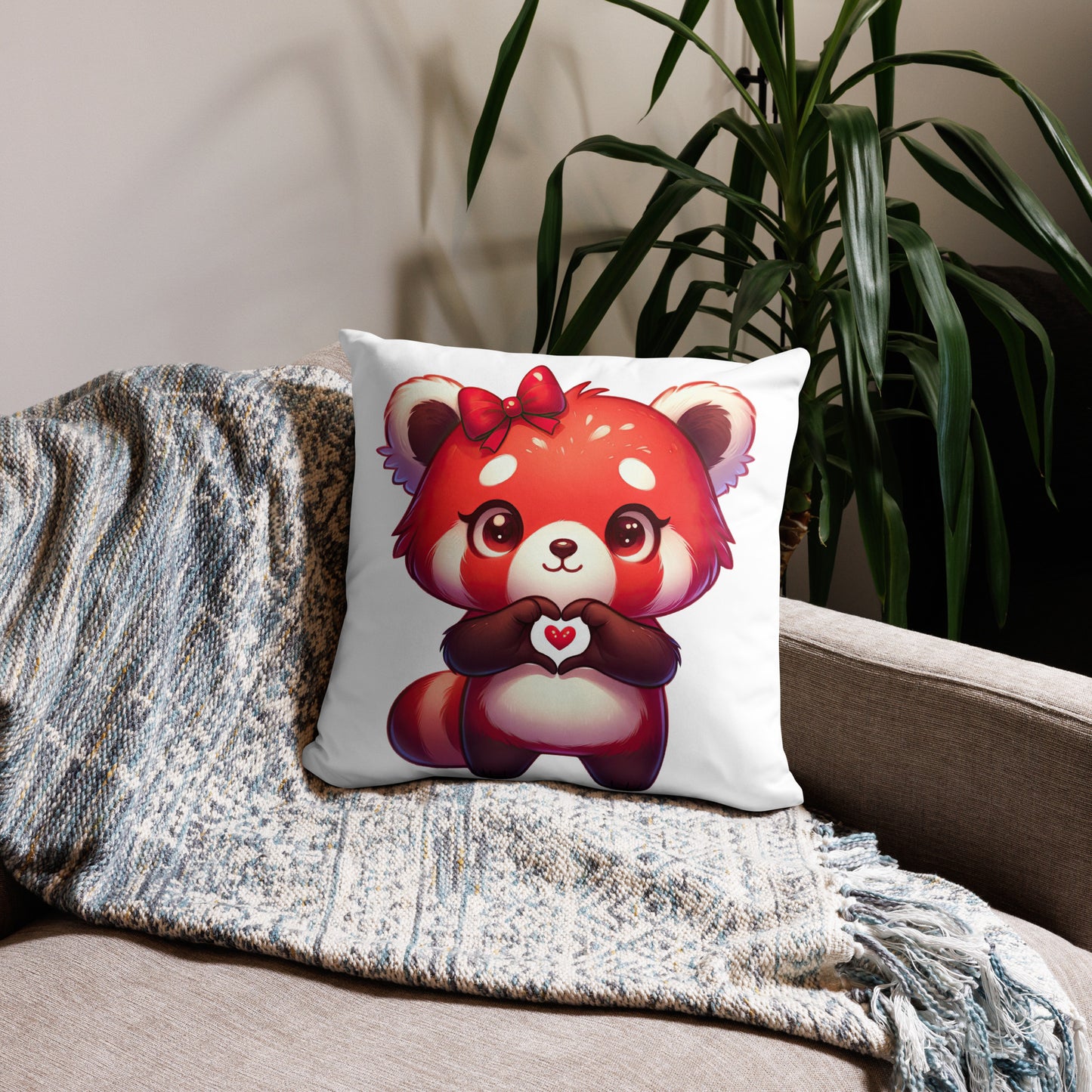 Red Panda with "Heart Hands" Basic Pillow, Kawaii, Swifties Sign,