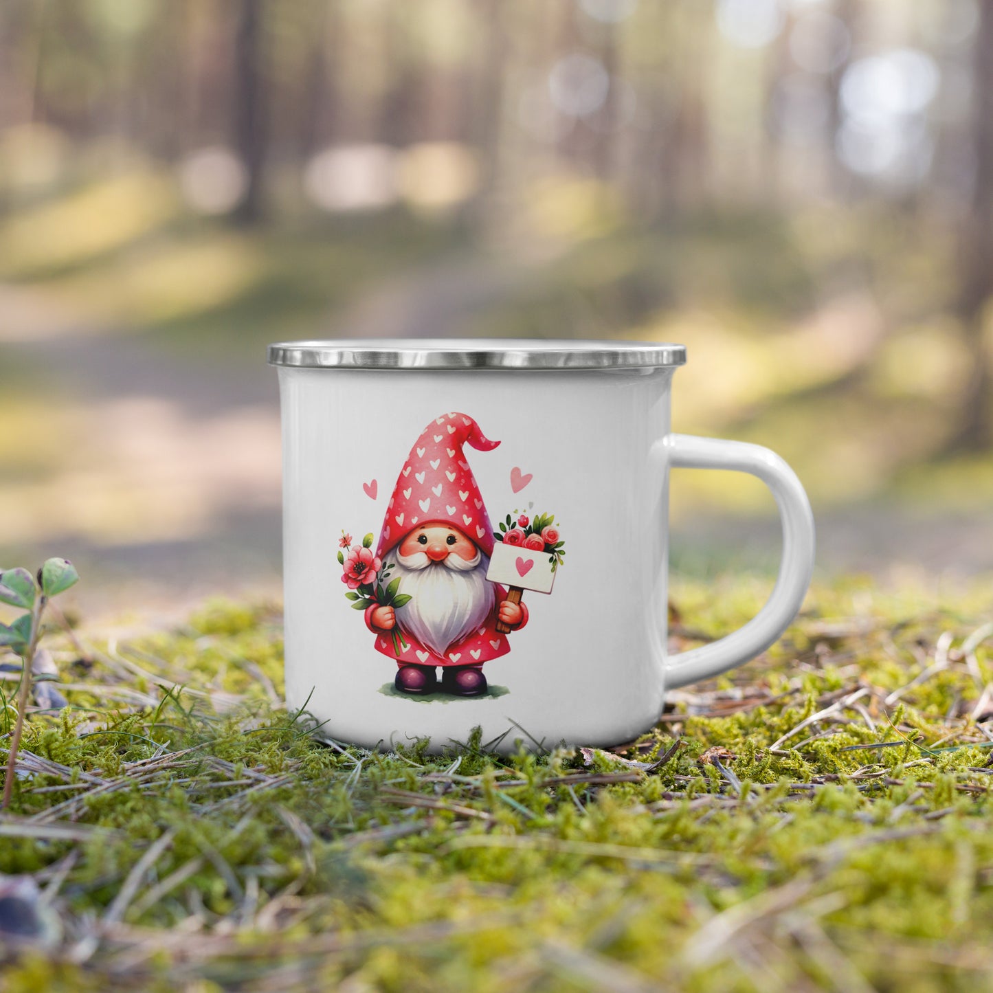 Gnome #5  Heart Sign & Flowers Enamel Mug