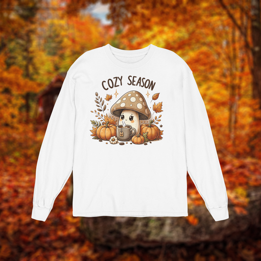Unisex Long Sleeve Tee "Cozy Season Mushroom drinking Tea" BC3501