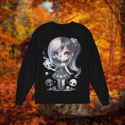 Black long-sleeve shirt with an anime character design on a background of autumn leaves.