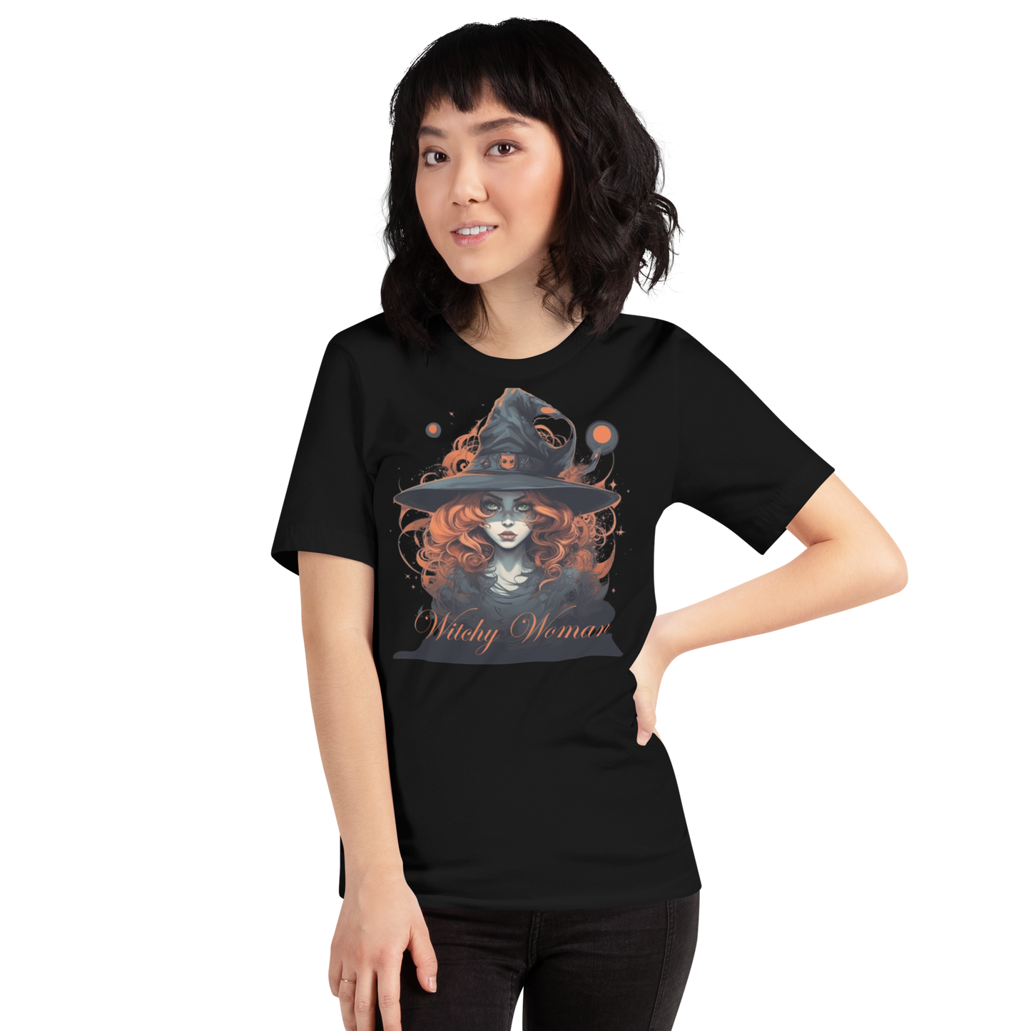 Person wearing a black t-shirt with a graphic design of a witch and 'Witchy Woman' text on a white background