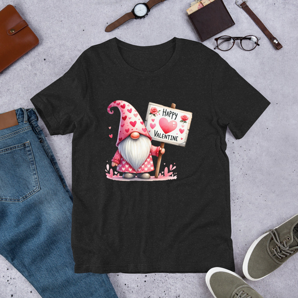 Heather black T-shirt from Bella Canvas with a pink Gnome holding a Happy Valentine Sign