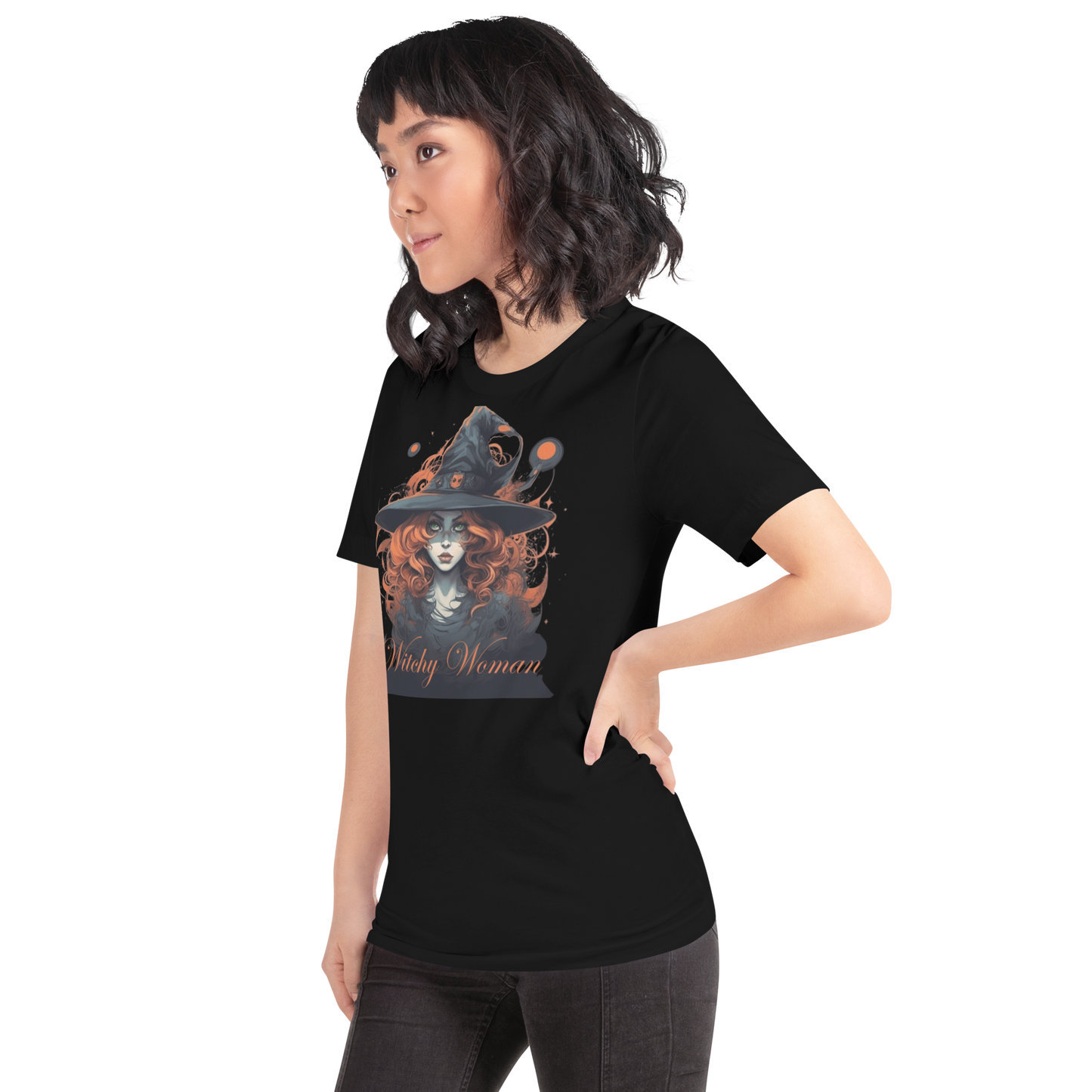 Person wearing a black t-shirt with a graphic design on a white background