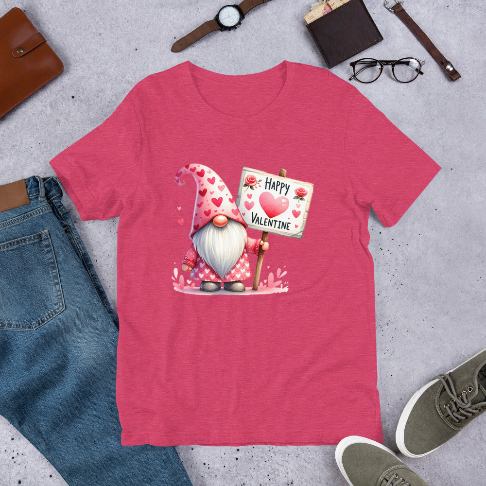 Heather raspberry T-shirt with a Pink Gnome holding a Happy Valentine Sign