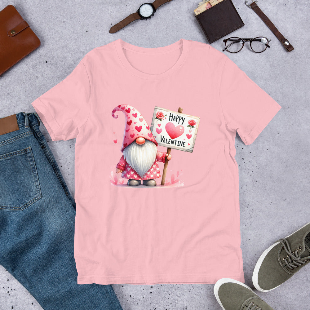 Pink T-shirt from Bella Canvas with a pink Gnome holding a Happy Valentine Sign