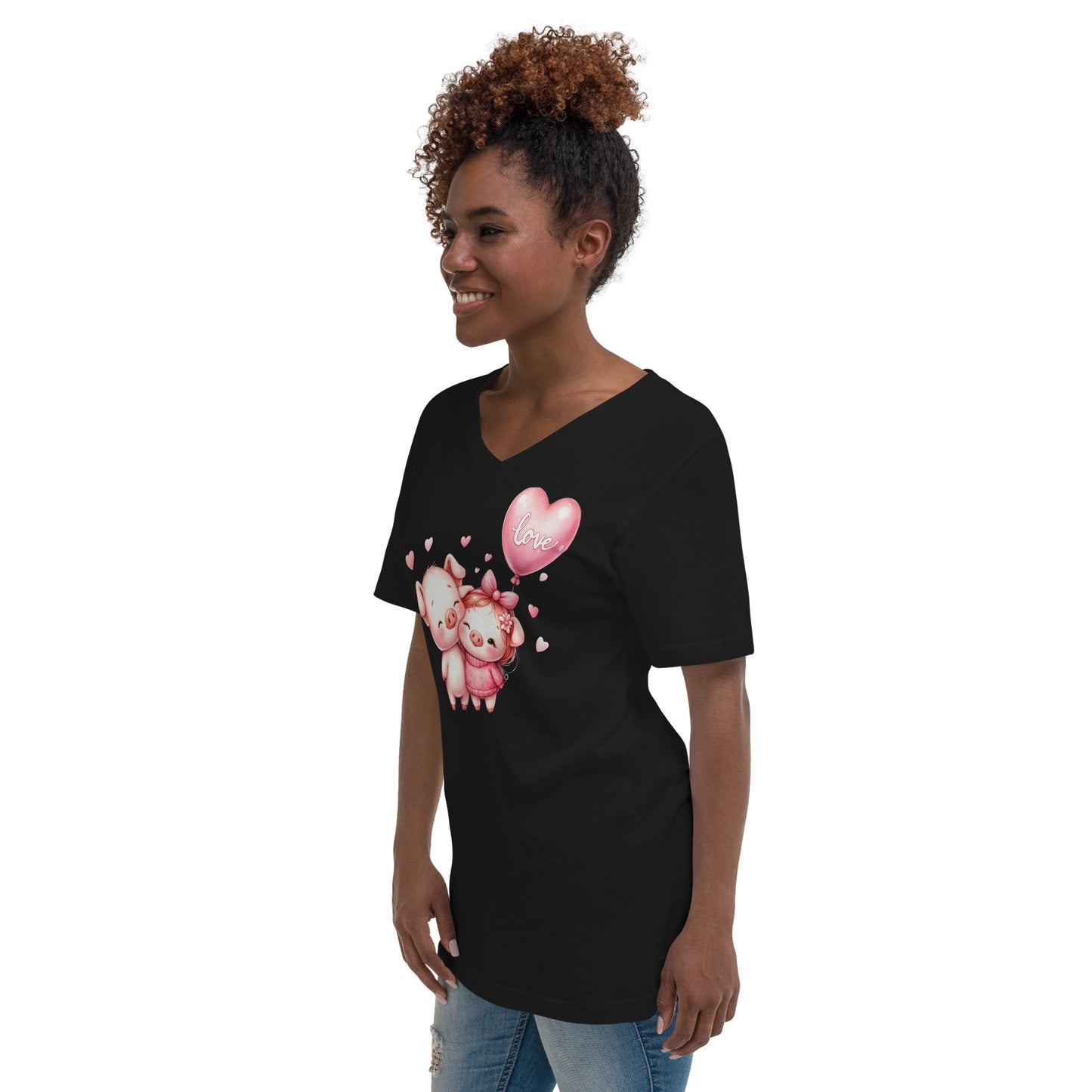 Kawaii Animals Pig Love - Unisex Short Sleeve V-Neck T-Shirt