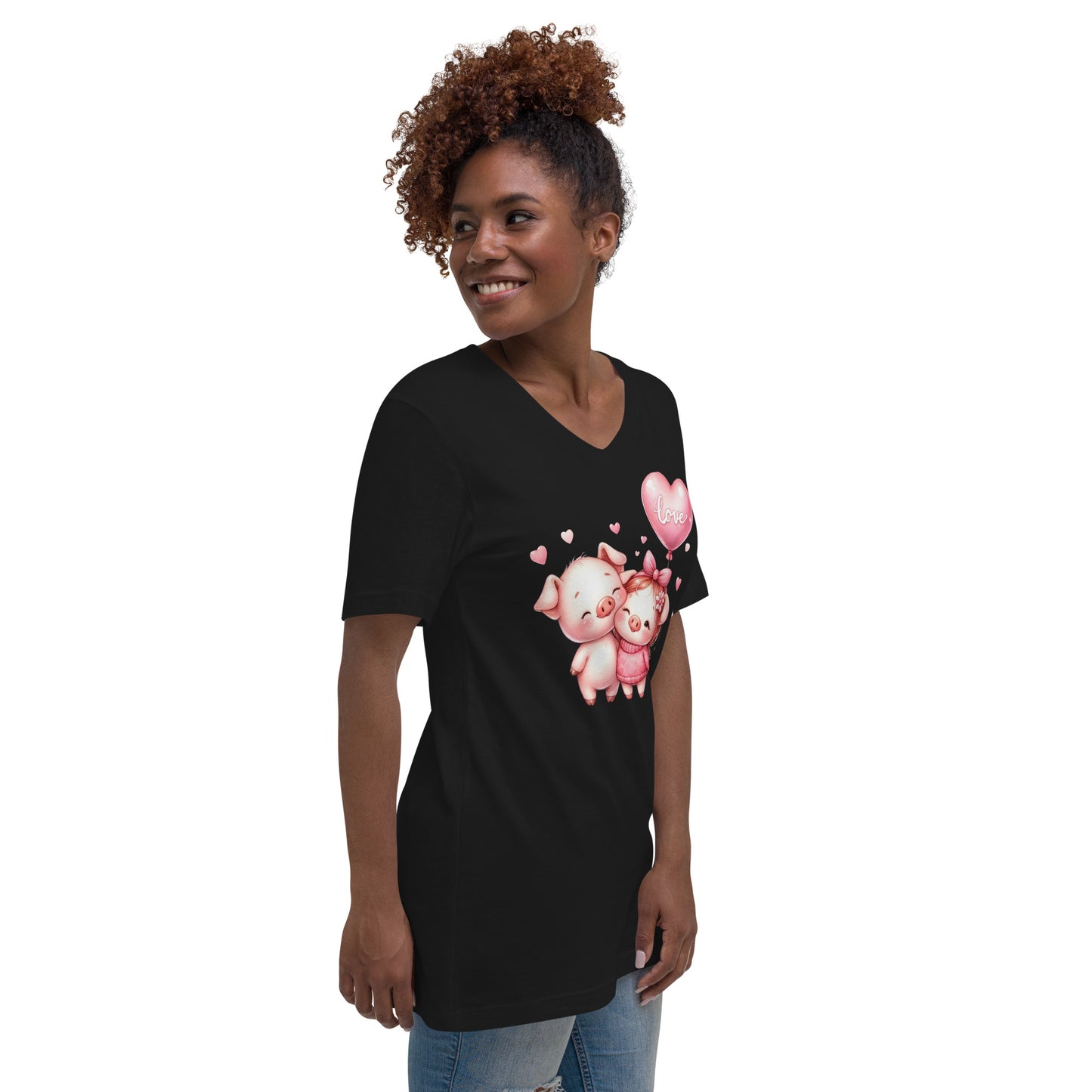 Kawaii Animals Pig Love - Unisex Short Sleeve V-Neck T-Shirt