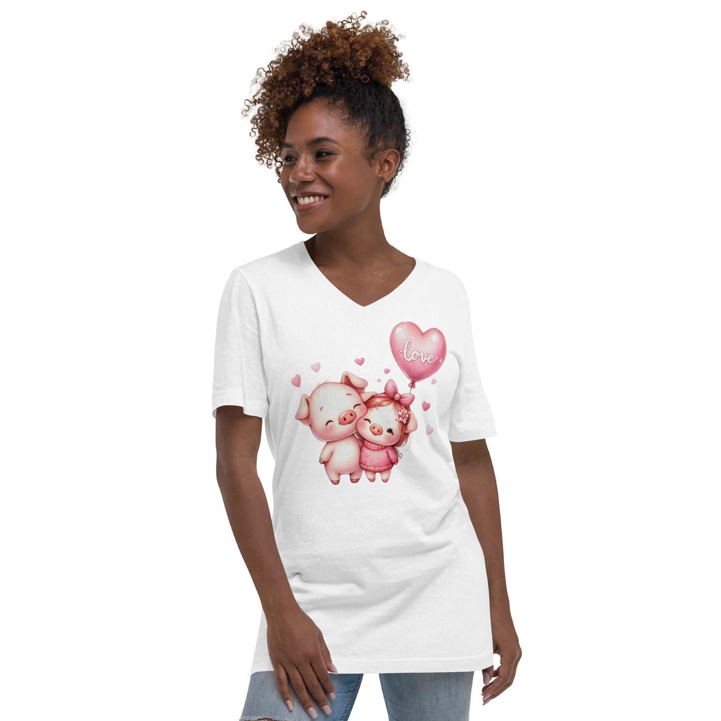 Kawaii Animals Pig Love - Unisex Short Sleeve V-Neck T-Shirt