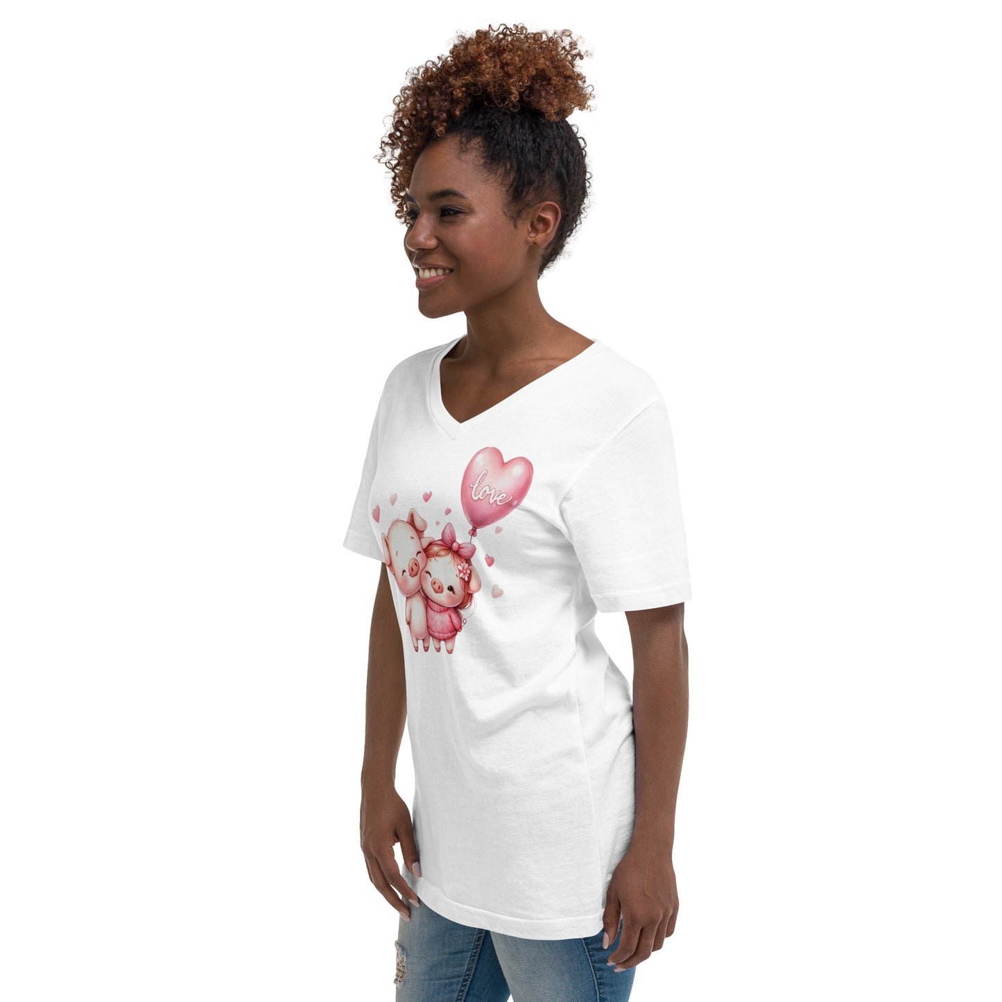 Kawaii Animals Pig Love - Unisex Short Sleeve V-Neck T-Shirt