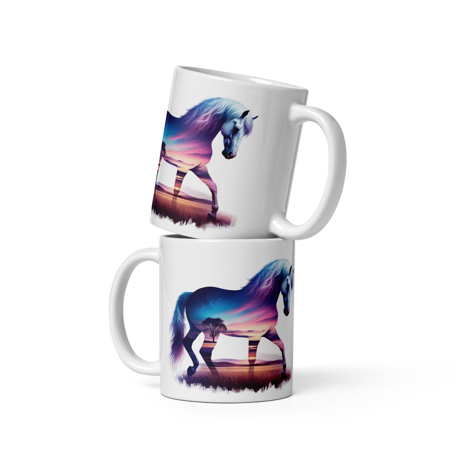 White glossy mug Wild Horses 02 Sunset